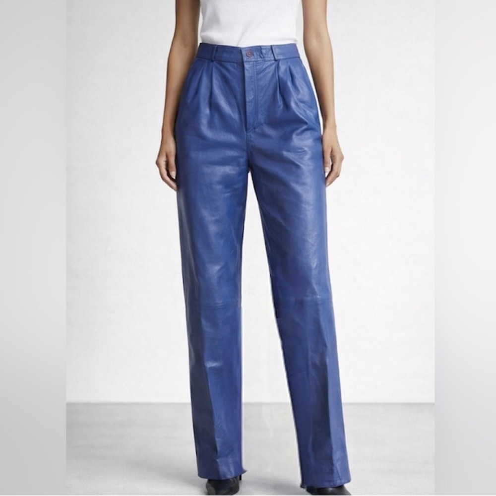 Vintage High Waisted Pleated Leather Pants Royal Blue Sz 36
